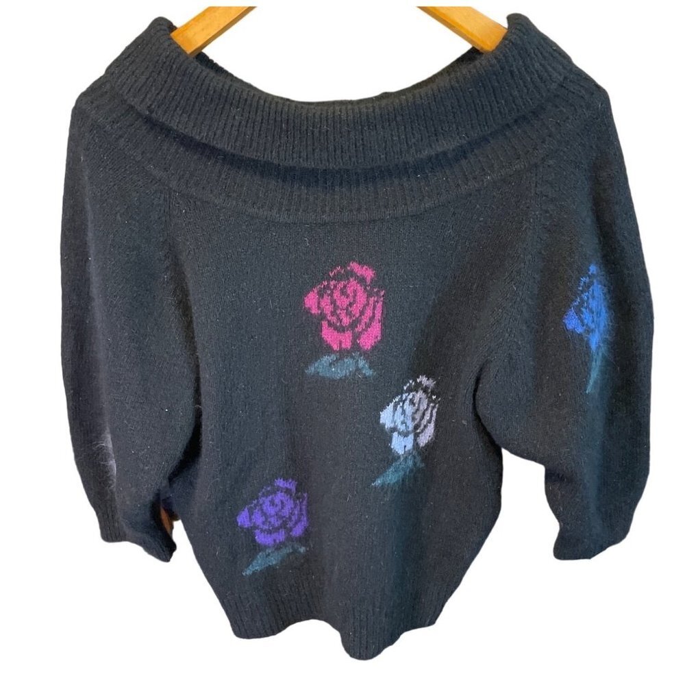 Vintage 90s Cassidy Black Off the Shoulder Floral 3/4 Sleeve Sweater Sz L